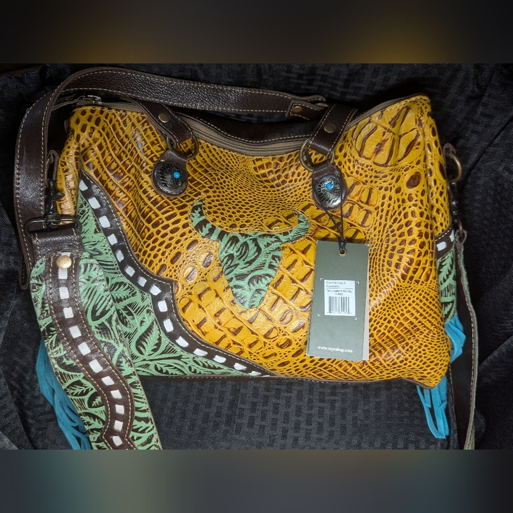 Mustard, Teal, Seafoam, and Dark Brown Myra Bag Taurean Small Duffle Bag.